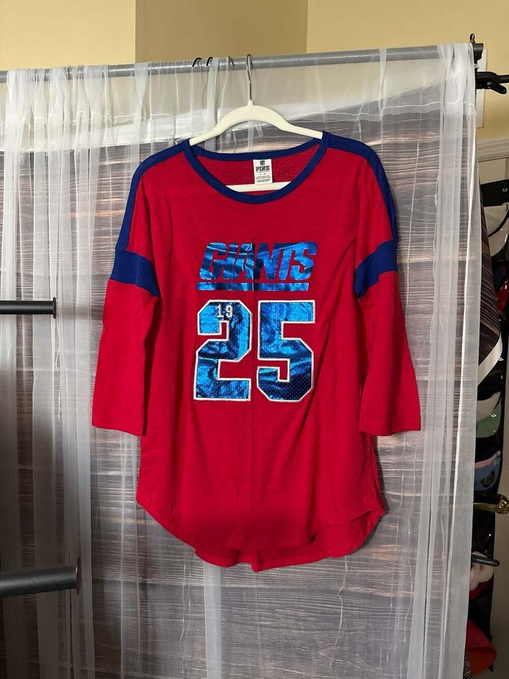 Victoria's Secret PINK NFL New York Giants Sequined 3/4 Sleeve Jersey T-Shirt